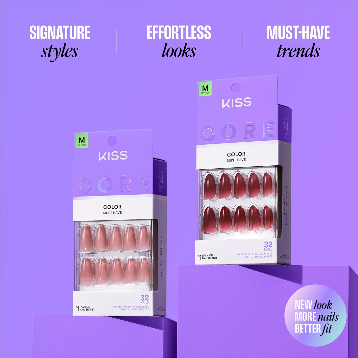 Kiss Core, Press On Nails, Nail glue included, 'Sprightly', Red, Short Size, Squoval Shape, Includes 32 Nails, 2g Glue, 1 Manicure Stick, 1 Mini File