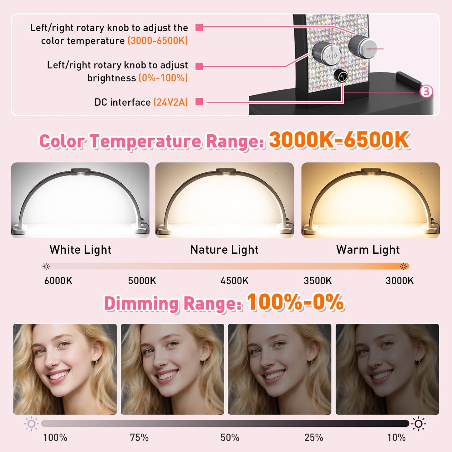 HITTI 31in Large Half Moon Light for Nail Desk, Foldable, Phone Stand, LED Adjustable Brightness and Color, 48W, Arch Nail Tech Table Lamp for Manicure, Craft, Art, Jewelry Making (Crystal Diamond)