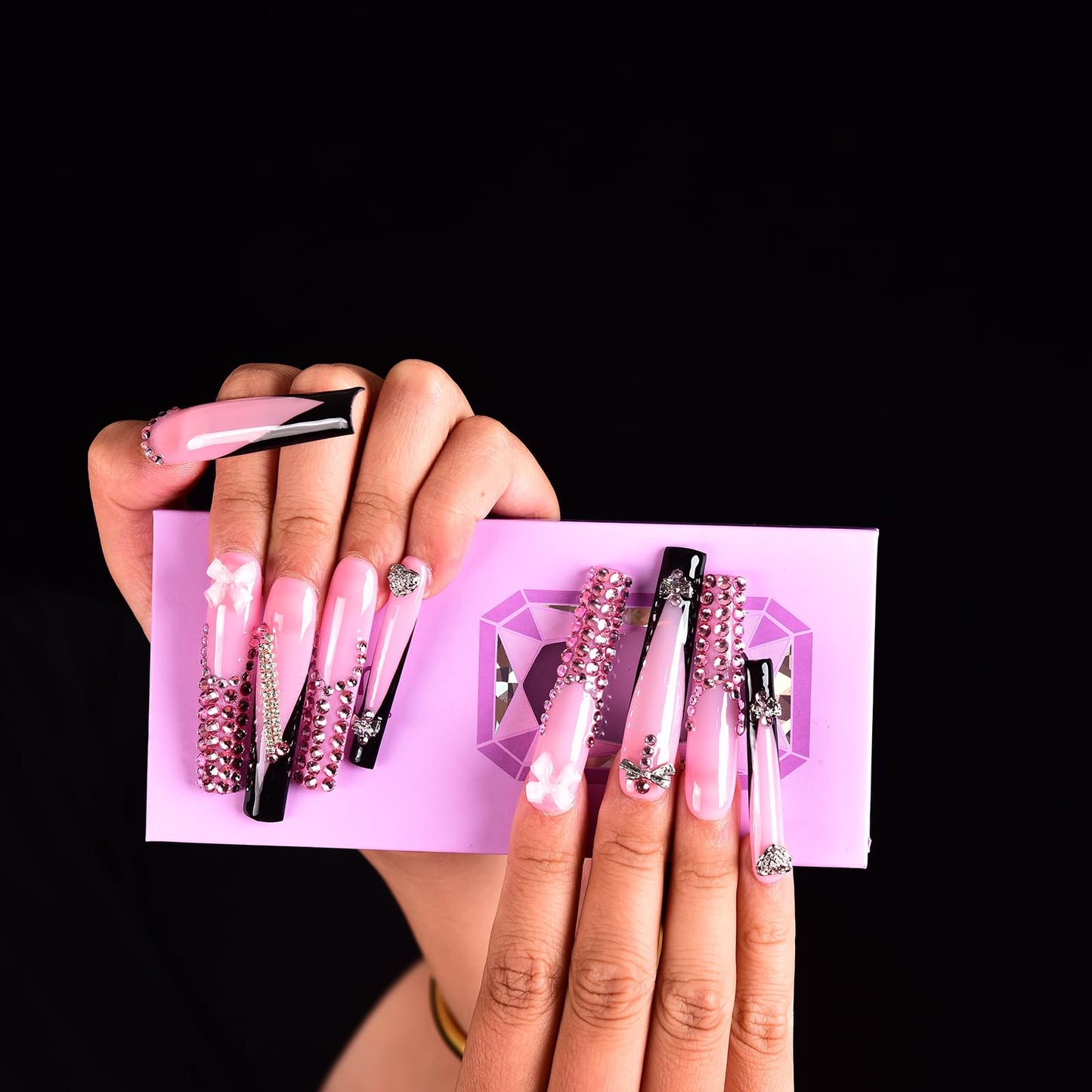 Tmani 10pc/set Extra Long Handmade Press On Nail Hot Girl's Long Ballet Nails Square Nail Full of Diamond Glitter Decoration Fake Nails Suitable For Girls Festival Parties and Birthday Gift (298,L)