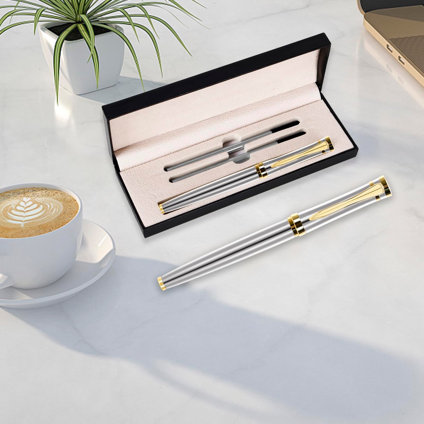 DSKPRTE Ballpoint pen with Gift Box, Luxury Writing Pen with 2 Extra Black Ink Refills Executive Pens Line width 0.5mm Business Pen Fancy Pen set for Men &Women. (Silver)