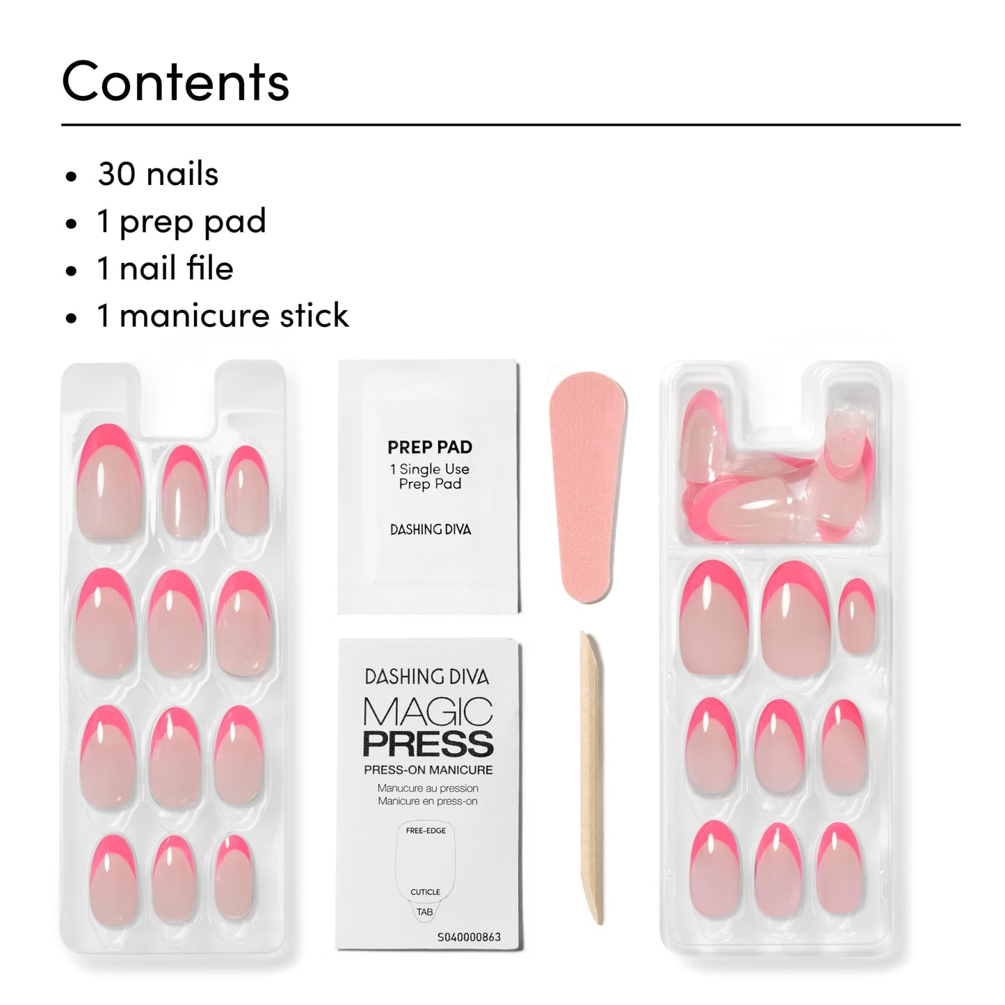 Dashing Diva Magic Press Nail Set - Big Ego - Long Almond Press On Nails - Long Lasting Gel - Lasts Up to 10 Days - Summer Gel Set - 4-Piece Manicure Kit with 30 Nails