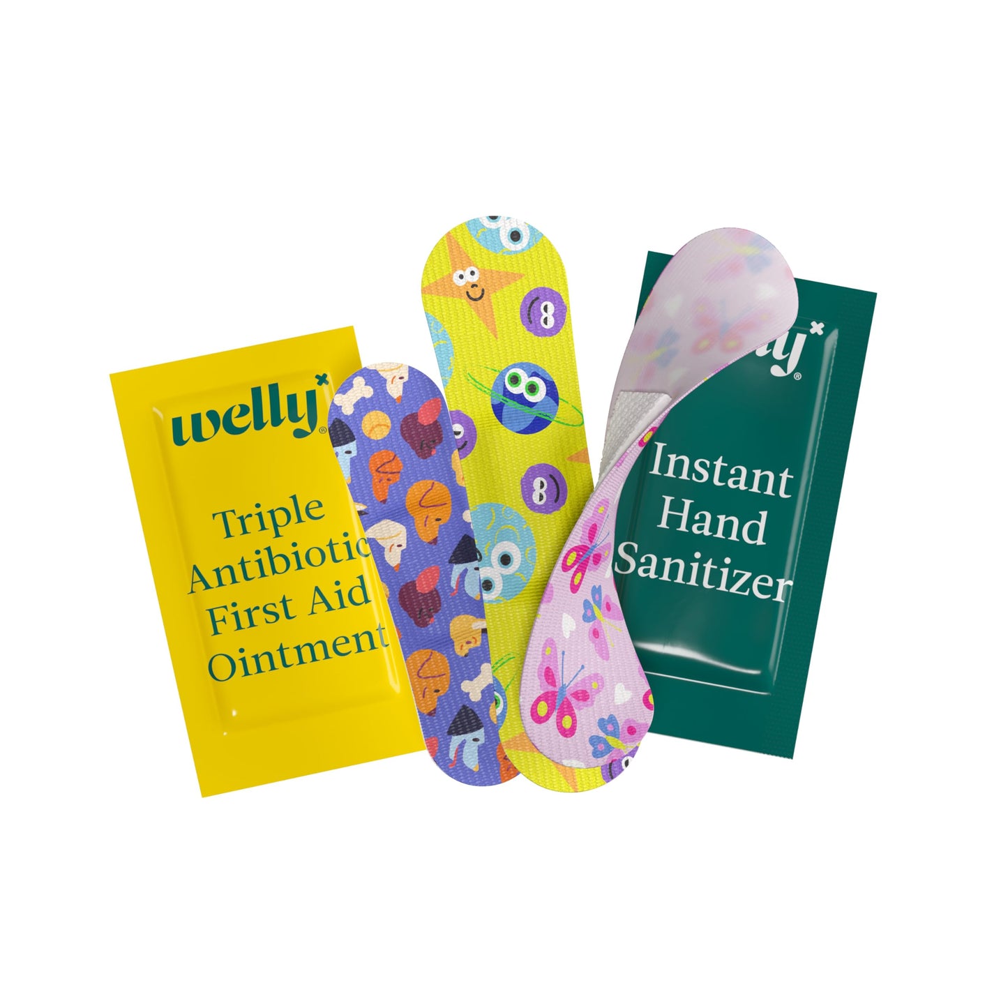 Welly Quick Fix, On The Go First Aid Kit, Assorted Bandages, Ointments, and Hand Sanitizer, Three Color Bandages - 2 Pack
