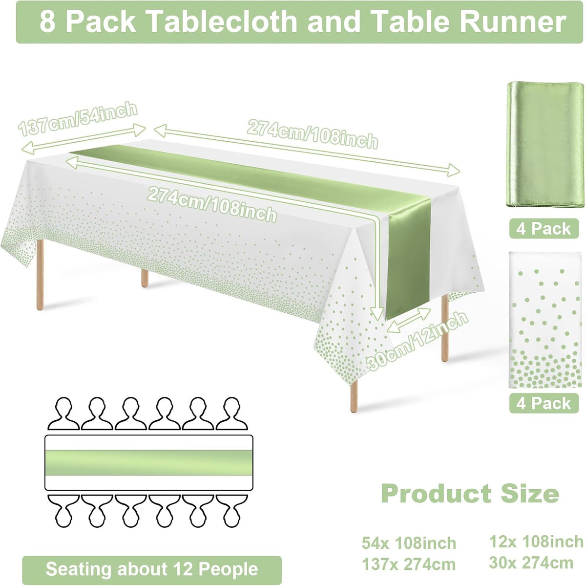 8Pack Plastic Tablecloths and Satin Table Runner Set Disposable White and Sage Green Dot Table Cloth Green Satin Table Runner for Wedding Birthday Baby Shower Anniversary Holiday Party Decorations