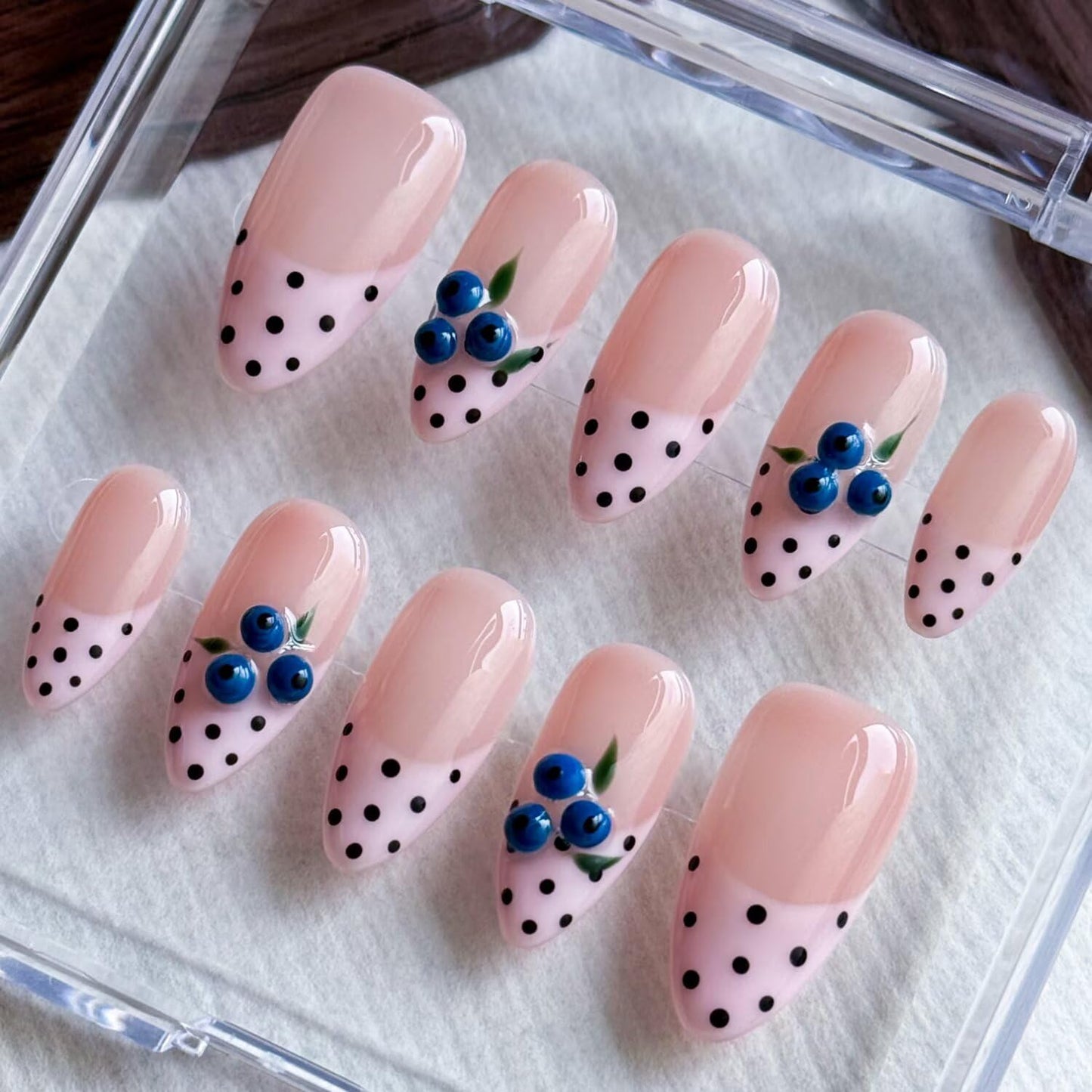 Handmade Press On Nails - MAGLFELL Spring & Summer Nails Almond False Nails, 3D Carving Blueberry and French Design, 10Pcs Reusable Acrylic Fingernail Salon Artificial Nails Kit (Size L)