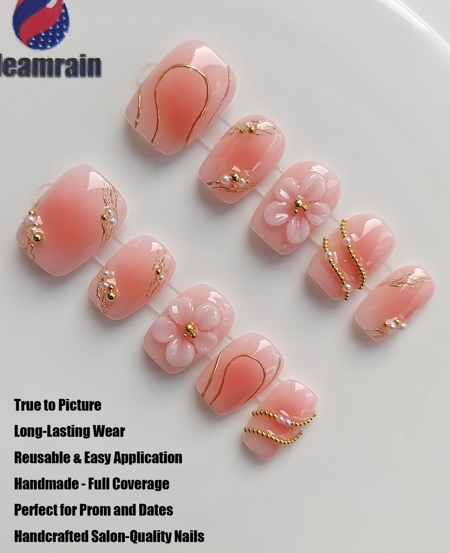 Gleamrain Handmade Short Press On Nails Square-Ins Style M Size-Easy Apply Daily Wear Artificial Nails Press Ons Flower Design for Women 10Pcs Gleamrain Design 401