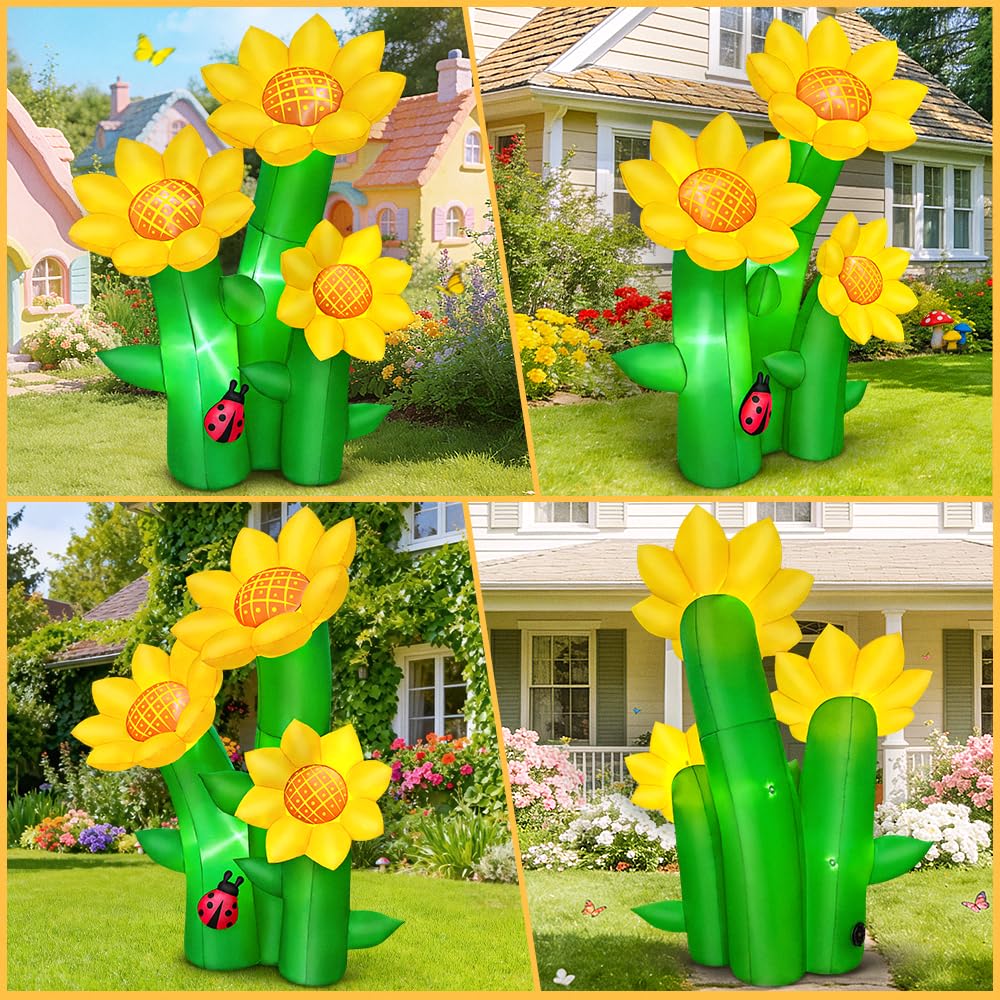 KOOY 6FT Spring Easter Inflatable Sunflowers Outdoor Decoration, Inflatable Sunflowers Blow Up Yard Decor Built-in LED Lights for Spring Summer Easter Yard Garden Lawn Party