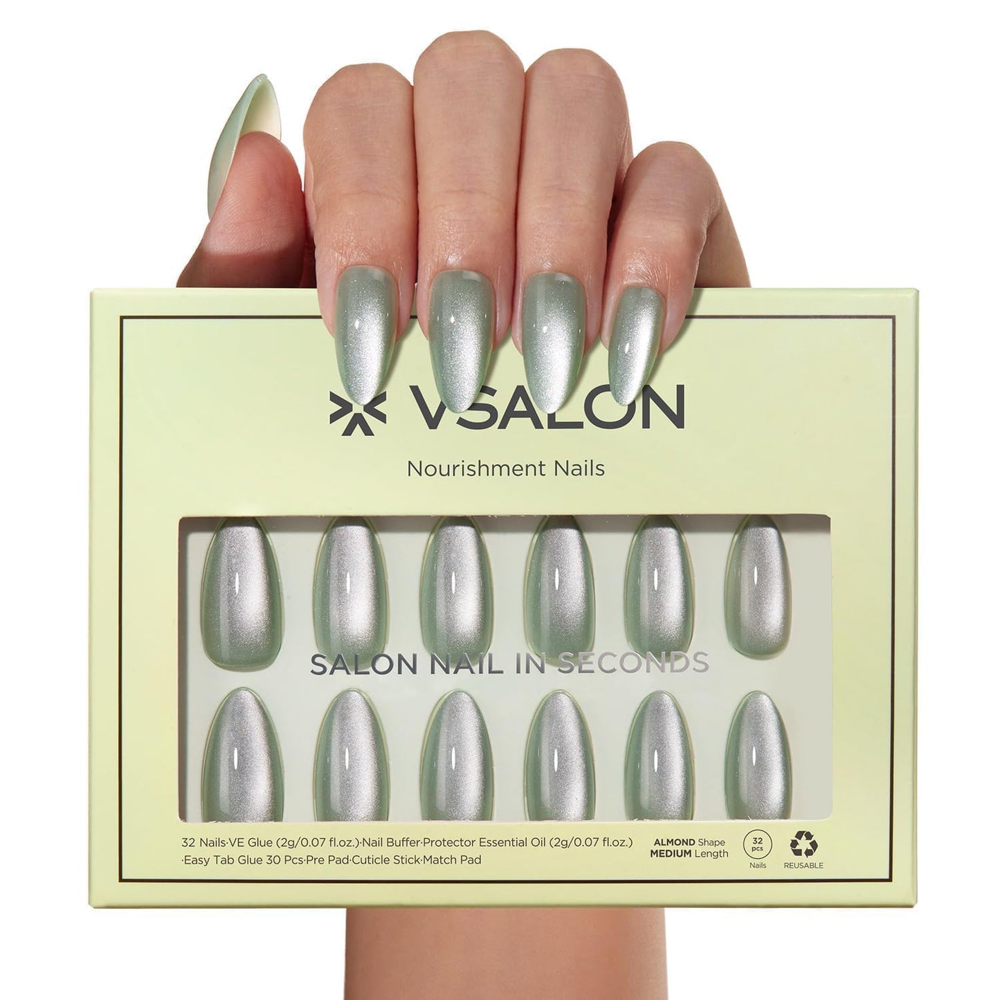 VSALON Almond Medium Press On Nails, Green Holographic Summer Cat Eye Chrome False Nails, Salon Quality Shimmer Fake Nails Kit - 32 PCS Stick on Nails in 16 Sizes with Glue & Cuticle Oil