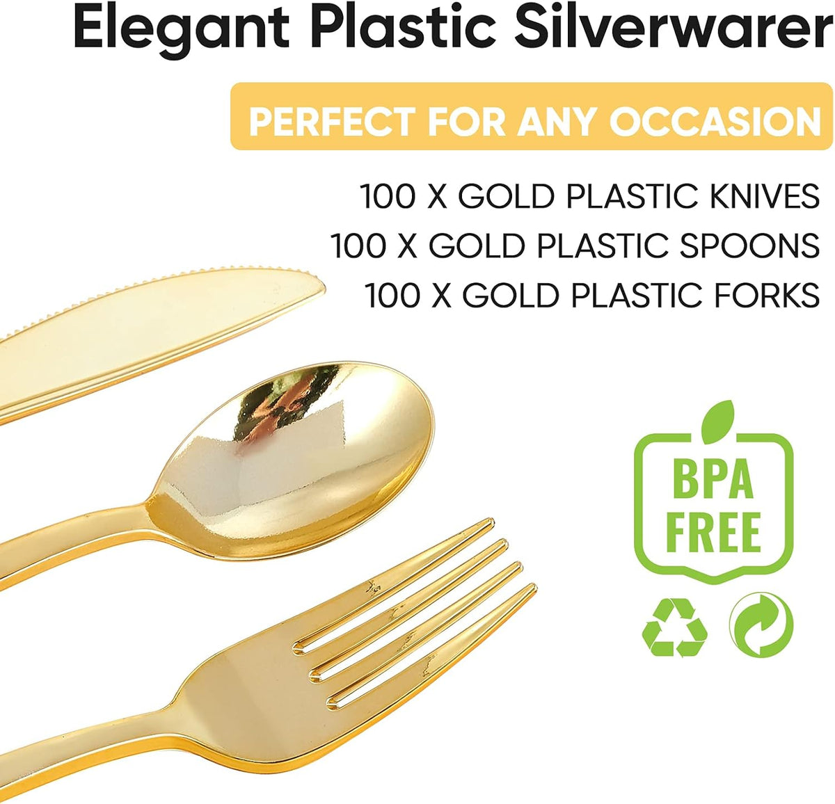 FOCUSLINE 300 Count Gold Plastic Silverware Set - 100 Forks, 100 Knives, 100 Spoons - Heavy Duty Plastic Cutlery Set Disposable Flatware for Catering, Parties, Dinners, Weddings