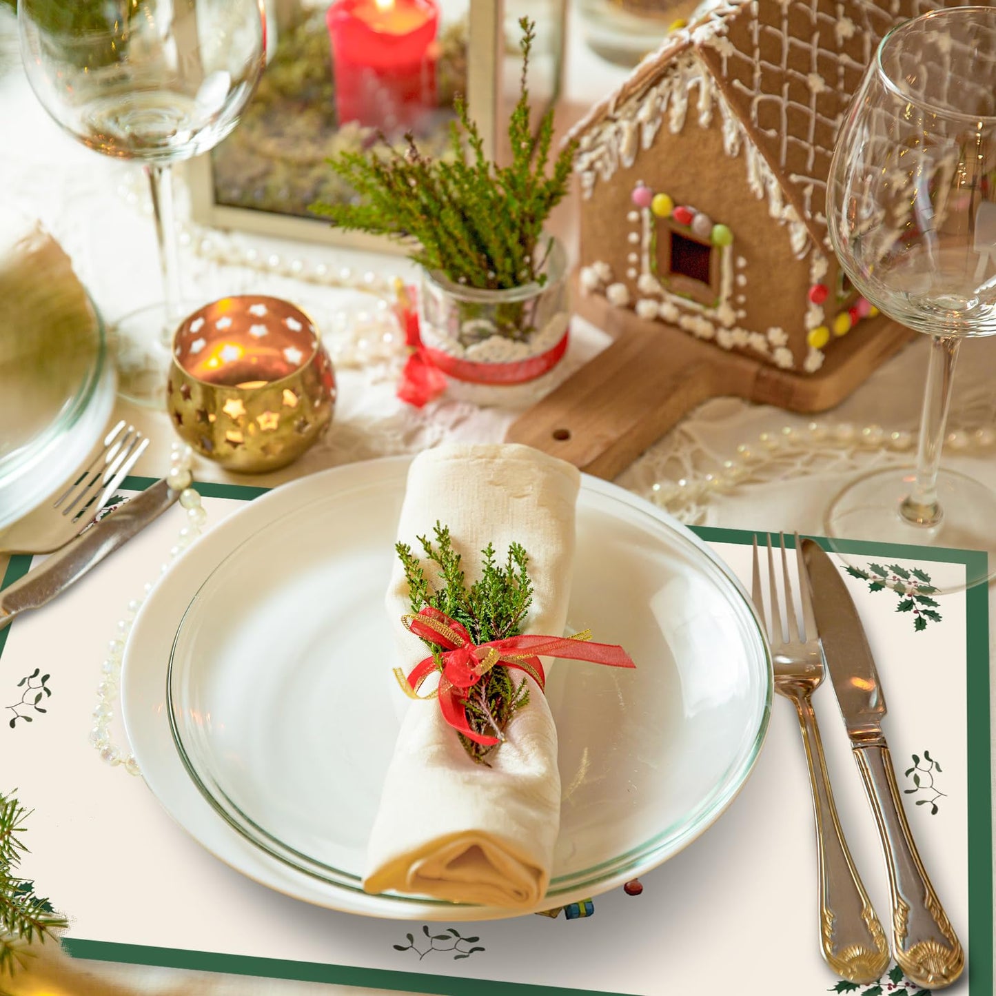 50 Pack Christmas Paper Place Mats Vintage Xmas Tree Gift Box Santa Placemats 11 x 17 Inch Retro Table Mats for Winter Holiday Birthday Dinner Table Setting