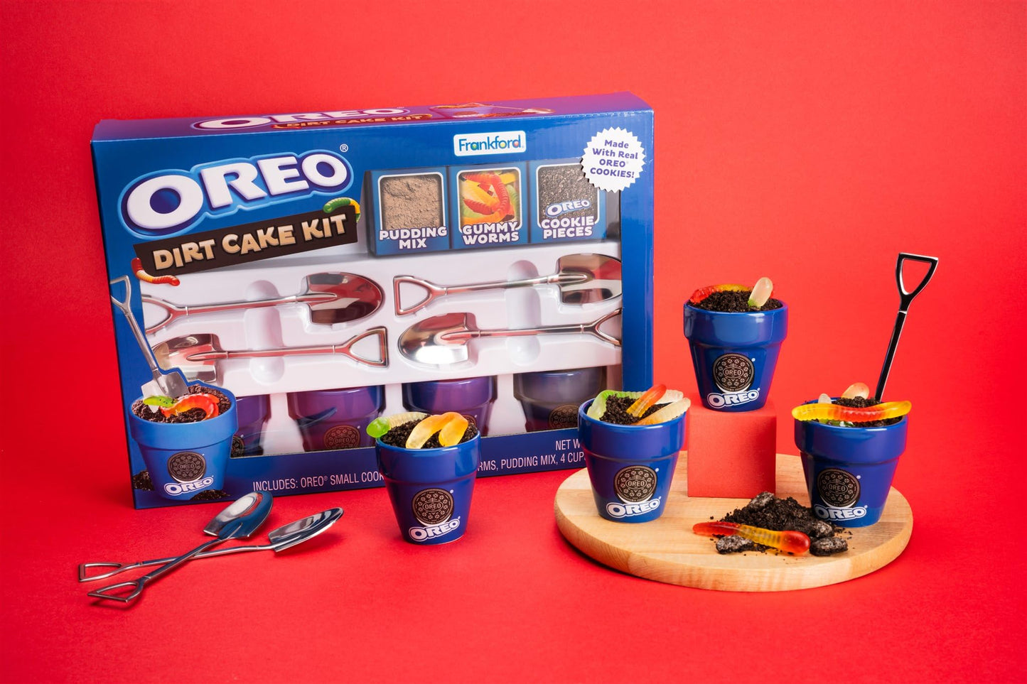 Frankford OREO DIY Dirt Cake Kit with Real Cookie Pieces, Gummy Worms, Chocolate Pudding Mix, Shovel Spoons, and Ceramic Cups