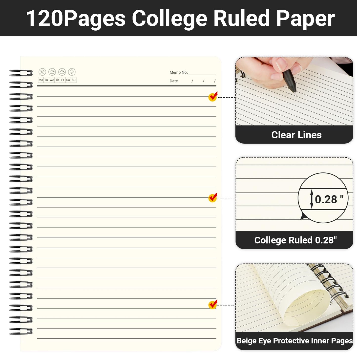 EUSOAR College Ruled Spiral Notebook, B5 6Packs 7.3"x10.2" 120 Pages Black Hardcover Ruled Travel Writing Notebooks Journal, Memo Notepad Sketchbook, Students Office Business Subject Diary Book
