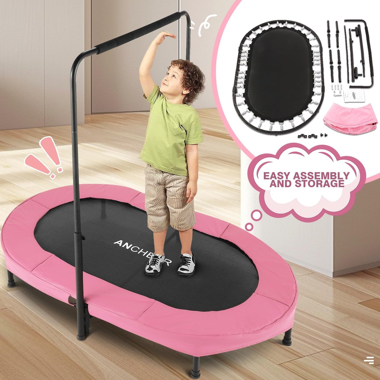 ANCHEER Trampoline for Kids, 56" Double Toddler Trampoline with Adjustable Handlebar, 220LBS Weight Capacity - Indoor/Outdoor Foldable Jumper for 2+ Users (ASTM Certified)