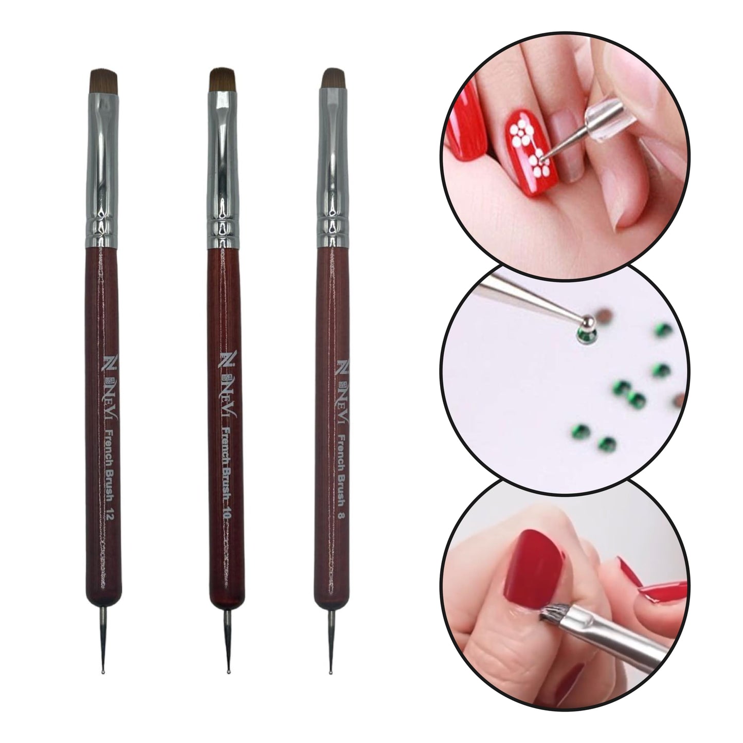 NEVI USA 2-Piece Sable Brush Set: Professional Acrylic French Manicure Clean-up Brush and Bend Nail Dotting Pen | Essential Tools for Precision Nail Art and Clean Cuticles (#8)