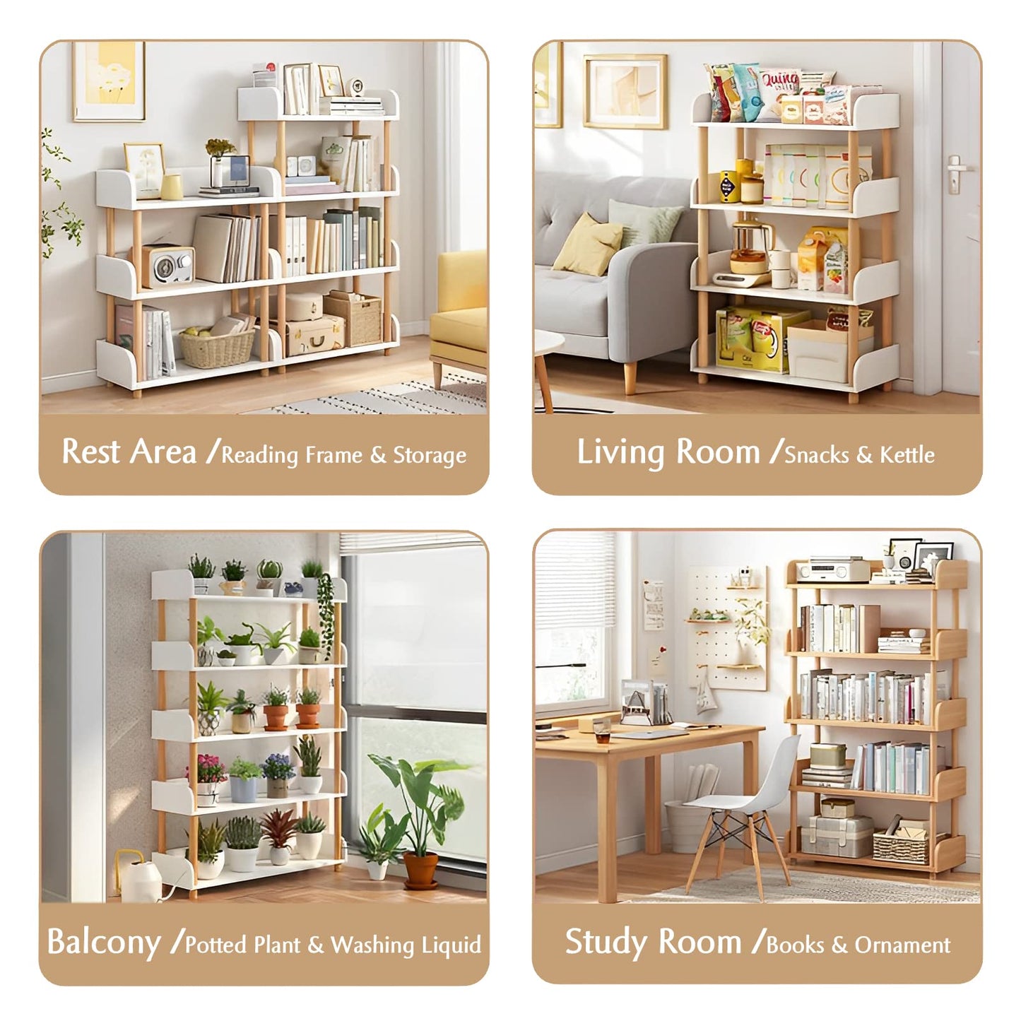 OSCHF 4-Tier Wooden Open Bookcase - Modern Display Bookshelf with Top Edge and Solid Wood Frame for Home and Office, Storage Cabinet, Warm White
