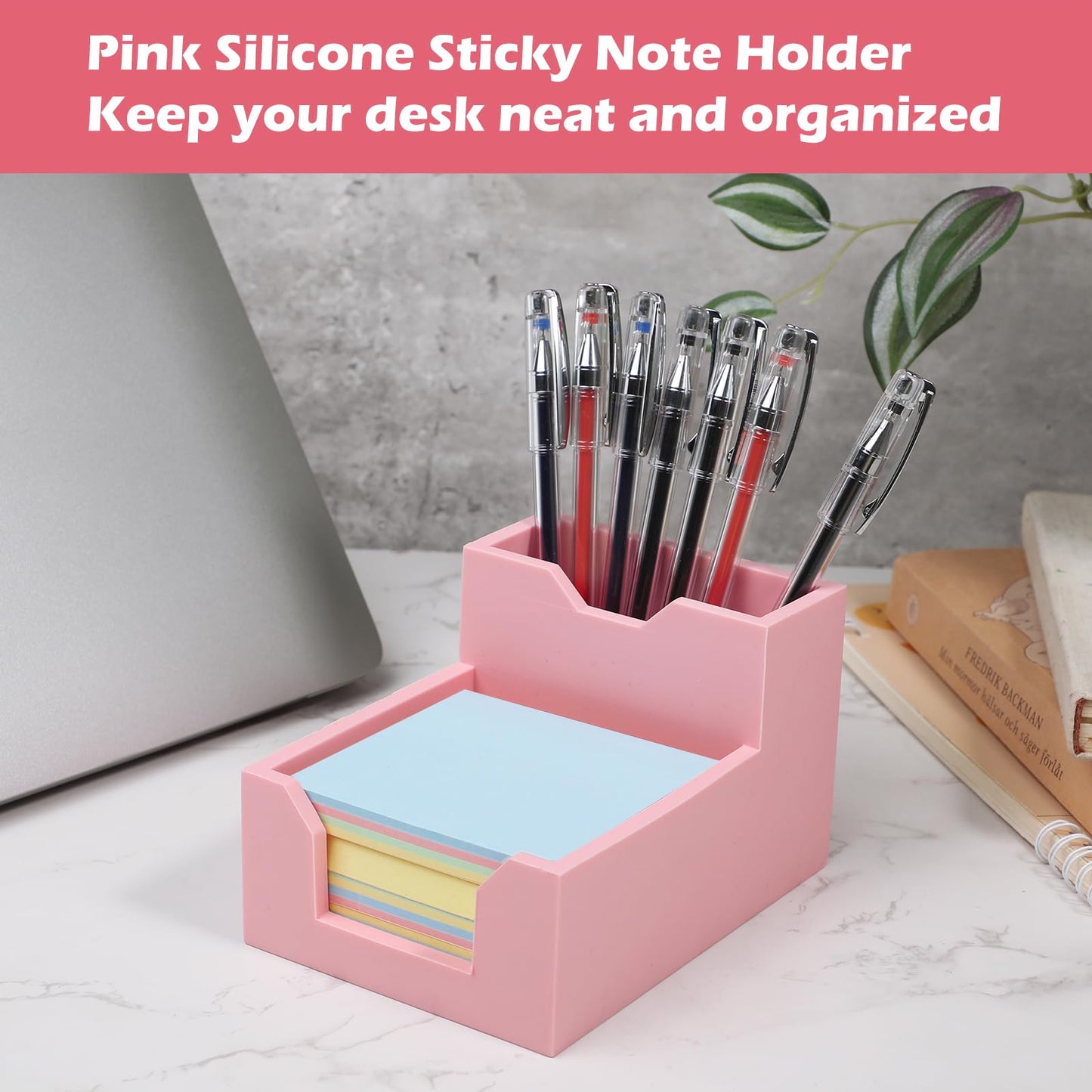 Pink Sticky Note Holder, Silicone Memo Holder with Pen or Card Slots, Sticky Note Dispenser, Fits 3x3 Inches Sticky Notes, Post It Note Dispenser for Office Desk Accessories
