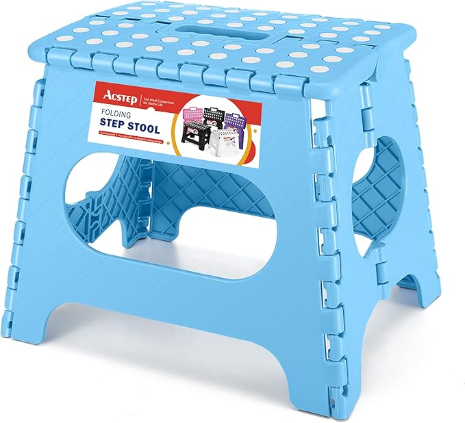 ACSTEP Folding Step Stool for Adults 11 Height Lightweight Plastic Stepping Stool Foldable Step Stool Hold up to 300lbs Non Slip Collapsible Stool for Kitchen, Bedroom, Blue