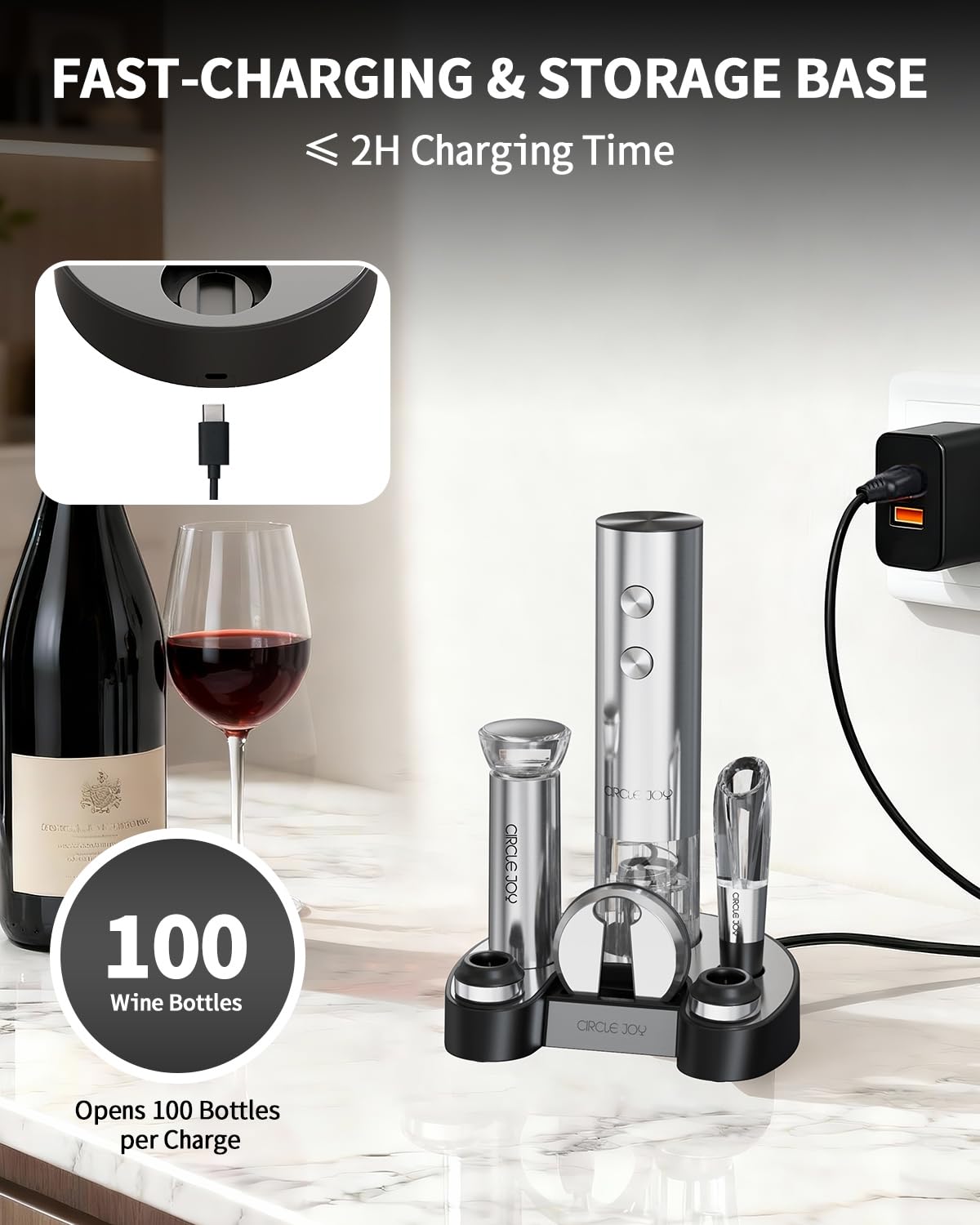 CIRCLE JOY Electric Wine Bottle Opener Set Stainless Steel Rechargeable Wine Opener 8-in-1 Wine Gift Set with Charging base, Foil Cutter, Wine Aerator Pourer, Vacuum Pump & 2 Wine Stoppers, Silver