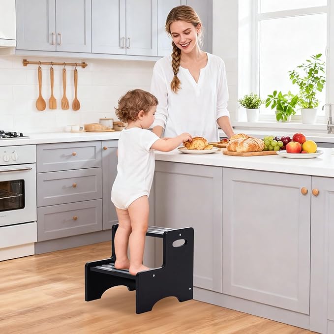 Wooden Step Stool for Kids, Toddler 2 Step Stool with Non-Slip Pads & Handles, Heavy Duty Potty Training Stool for Bathroom Sink, Toilet, Kitchen, Bedroom (Black)