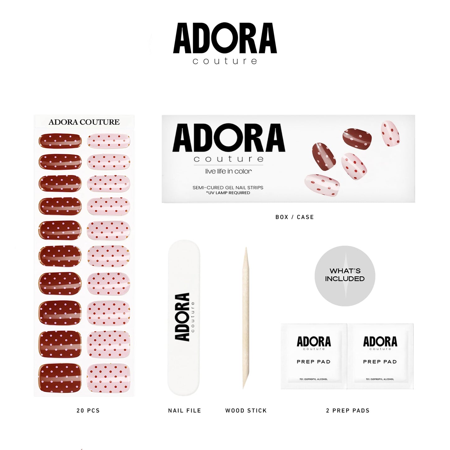 Adora Couture Semi-Cured Gel Nail Strips - 20 Salon-Quality Gel Sticker with UV Light Required, Long Lasting, Easy Application & Removal, Includes Prep Pad, Nail File, Wooden Stick (Dots Deluxe)