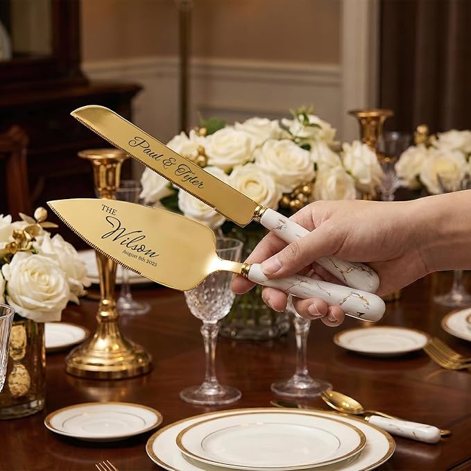 Custom Wedding Cake Knife and Server Set Gold - Personalized Engraved Stainless Steel Cake Pie Pastry Servers Cutting Set with Marble Pattern, Elegant Gift for Wedding Anniversary Birthday Christmas