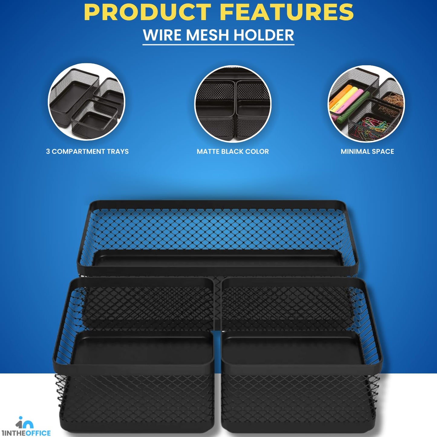 1InTheOffice Mesh Collection Desk Drawer Organizer Tray 3 Compartment - Stackable, Matte Black (2pack)