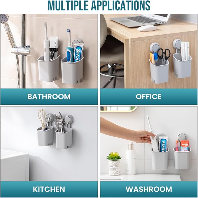 TAILI Suction Toothbrush Holder 2 Pack, Powerful Toothpaste Toothbrush Suction Cup, Self-draining Shower Razor Holder, Shower Toothbrush Holder for Wall, Kitchen Tableware Holder, Gray