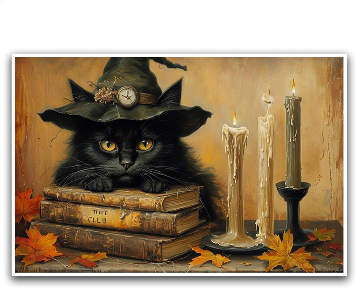 JFHCQJPK Vintage Halloween wall decoration black cat and magic book suitable for home bedroom living room decoration dark classic art witch wall decoration32x48in Frameless