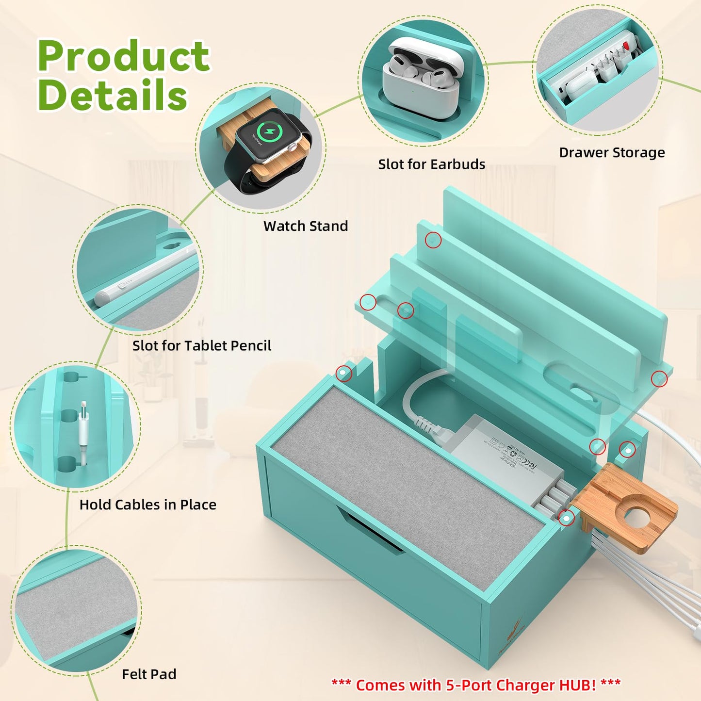 Pezin & Hulin Bamboo Charging Station for Multi Device, with Power Charger & Cables, Nightstand Docking Stand with Felt Pad Tray & Drawer, Compatible with Tablet, Cell Phone, Smart Watch-Teal