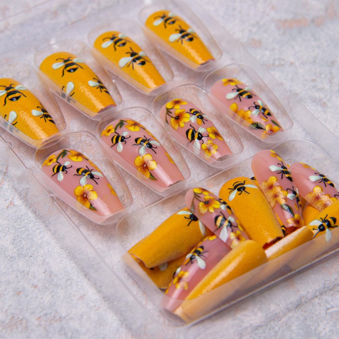 TOGZOM Spring Press on Nails Short Coffin Square Acrylic False Nails 24Pcs Yellow Flowers Bee Floral Designs Glossy Glue on Nails for Women Girls Manicure