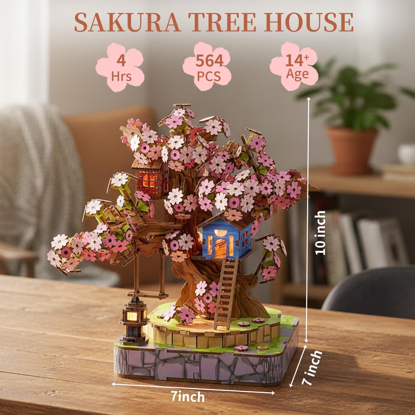 Sakura Tree House DIY Miniature House Kit for Adults, 564PCS 3D Wooden Puzzle with Light, Japanese Cherry Blossom Building Set, Wooden Craft Model Home Decor Gift