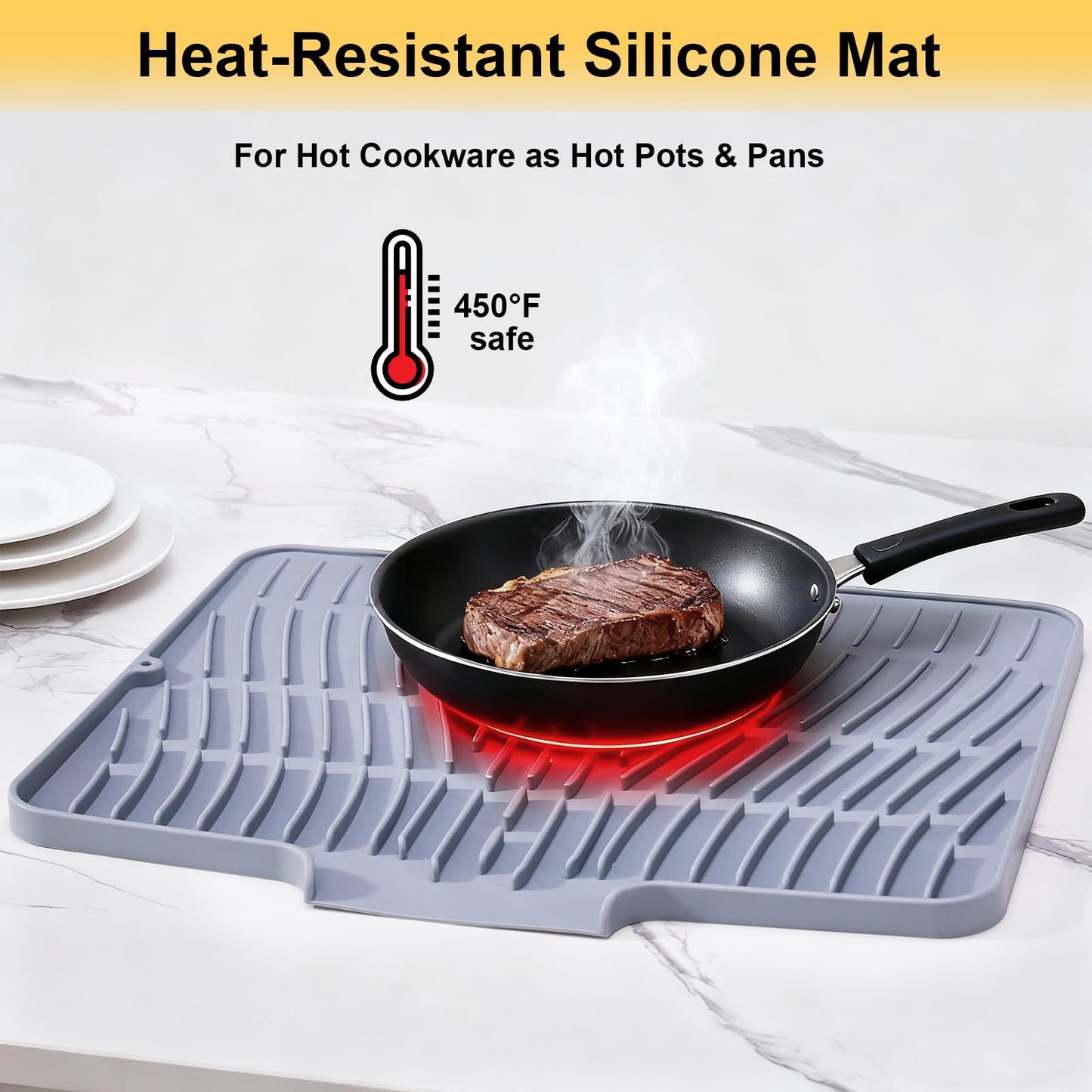 Silicone Dish Drying Mat for Kitchen Counter,Non-Slip Dish Drying Pad with Drain Lip,Heat Resistant Sink drying Mat for Dishes,Large Rubber dish drain mat dish rack mat (Grey,15.8"x13")
