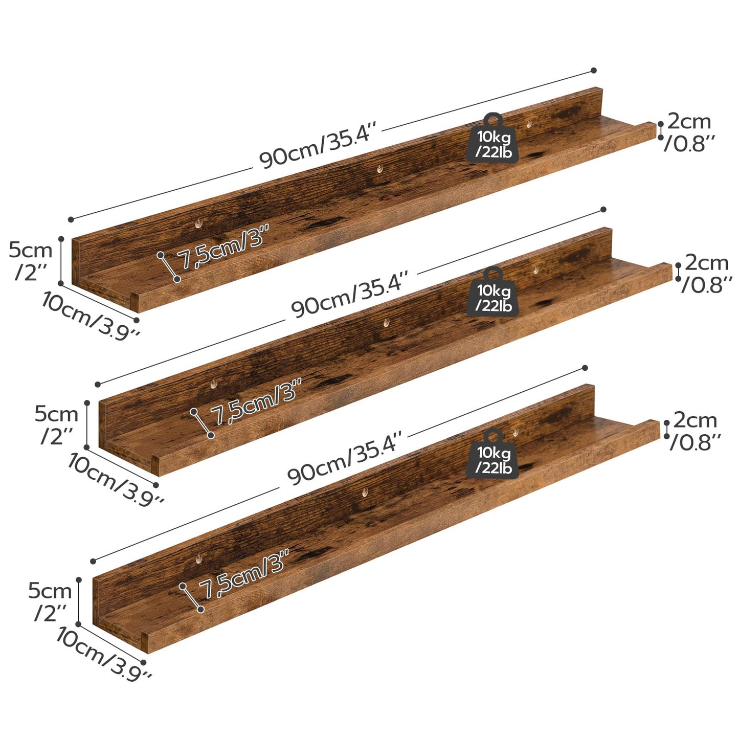 HOOBRO Floating Shelves, Wall Shelf Set of 3, 35.4 Inches Hanging Shelf with Raised Edge and Invisible Brackets, for Bathroom, Bedroom, Kitchen, Office, Living Room Decor, Rustic Brown BF90BJ01