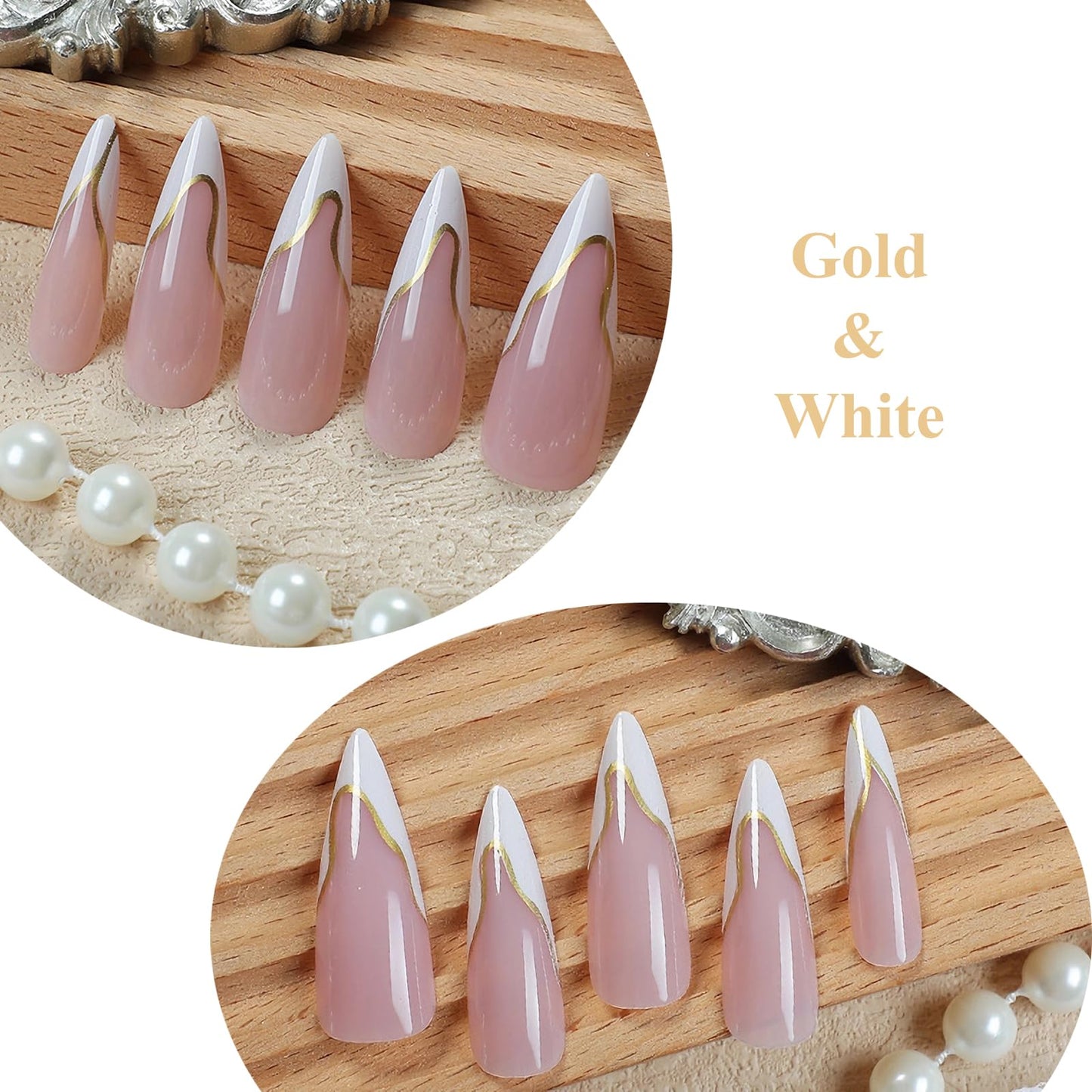 MERVF Press on Nails Long Stiletto White French Tip Fake Nails Wedding Glue ons Acrylic Nail Gold Lines Design Manicure Supplies Glossy 24pcs