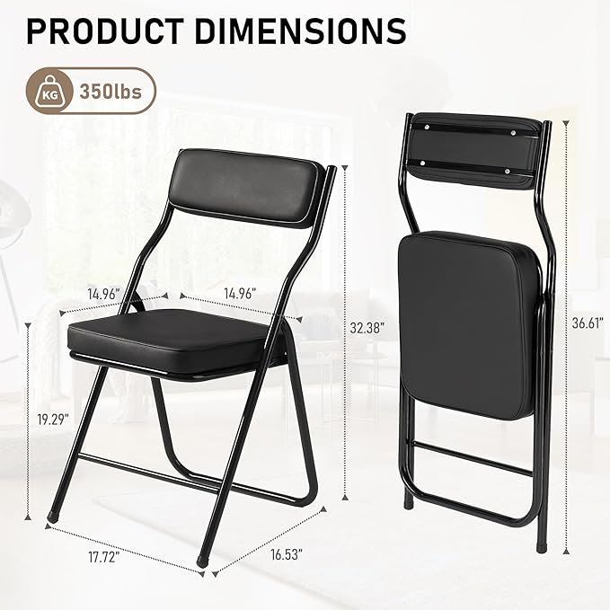 6 Pack Padded Folding Chairs with Cushion, Foldable Dining Chair Set Portable Indoor Outdoor Stackable Folding Chairs with Steel Frame for Home Office Events Wedding Party Black