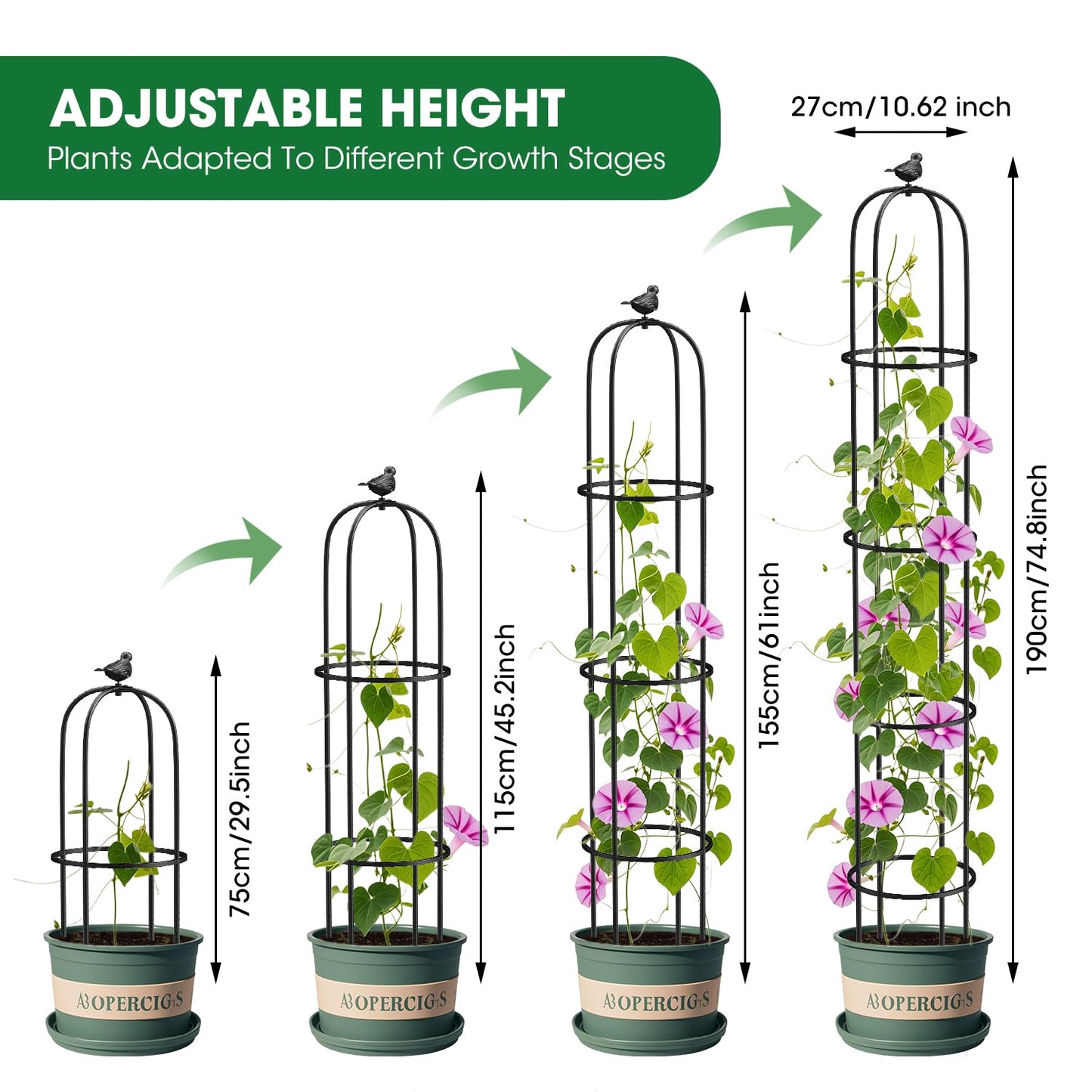 2 Pack Garden Obelisk Trellis for Climbing Plants Outdoor, 6.2 FT Tomato Cage, Rose, Flowers, Grape, Pea, Cucumber Trellis, Rustproof Plastic Coated Metal Plant Support Trellis for Potted Plants
