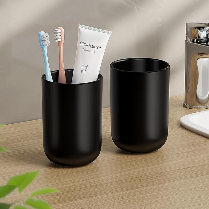 MOPMS Toothbrush Cup 13oz 380ml, Unbreakable Reusable Bathroom Tumbler 2Pcs, Non-Slip Plastic Bathroom Cup Toothbrush Holders for Bathroom, Black
