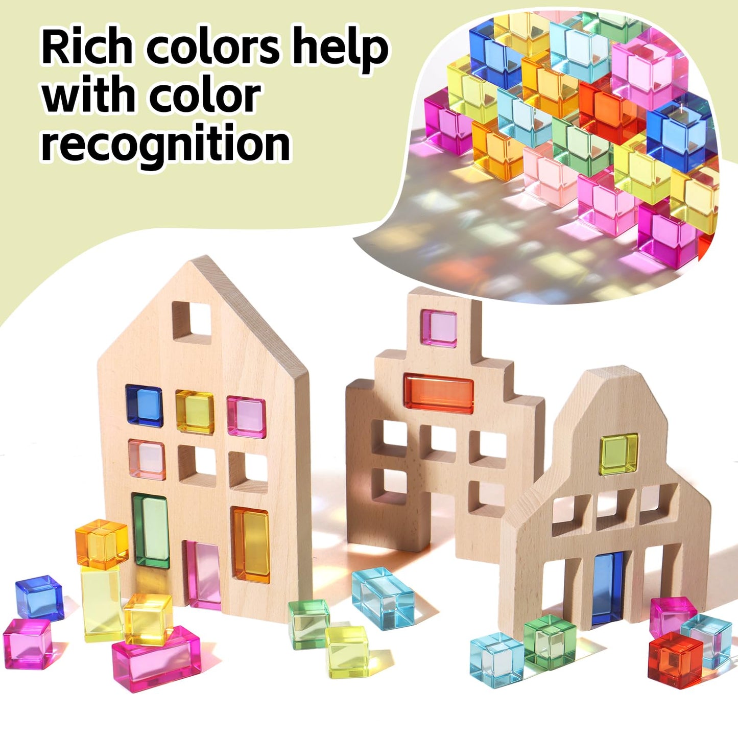 Dinhon 25 Pcs Acrylic Building Blocks with 3 Beech Wood Houses - 17 Cubes + 8 Long Blocks Rainbow Gem Set, Insert & Stack Sensory Toy for 1-5 Years Old Boys Girls, Creative Play Birthday Gift