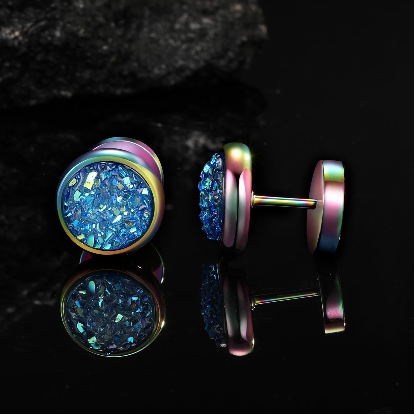 VOLUKA Crystal Stone Stud Earrings Flat Back Titanium Stainless Steel Hypoallergenic Cartilage Earrings Stud for Sensitive Ears Women Men(Blue-Rainbow)