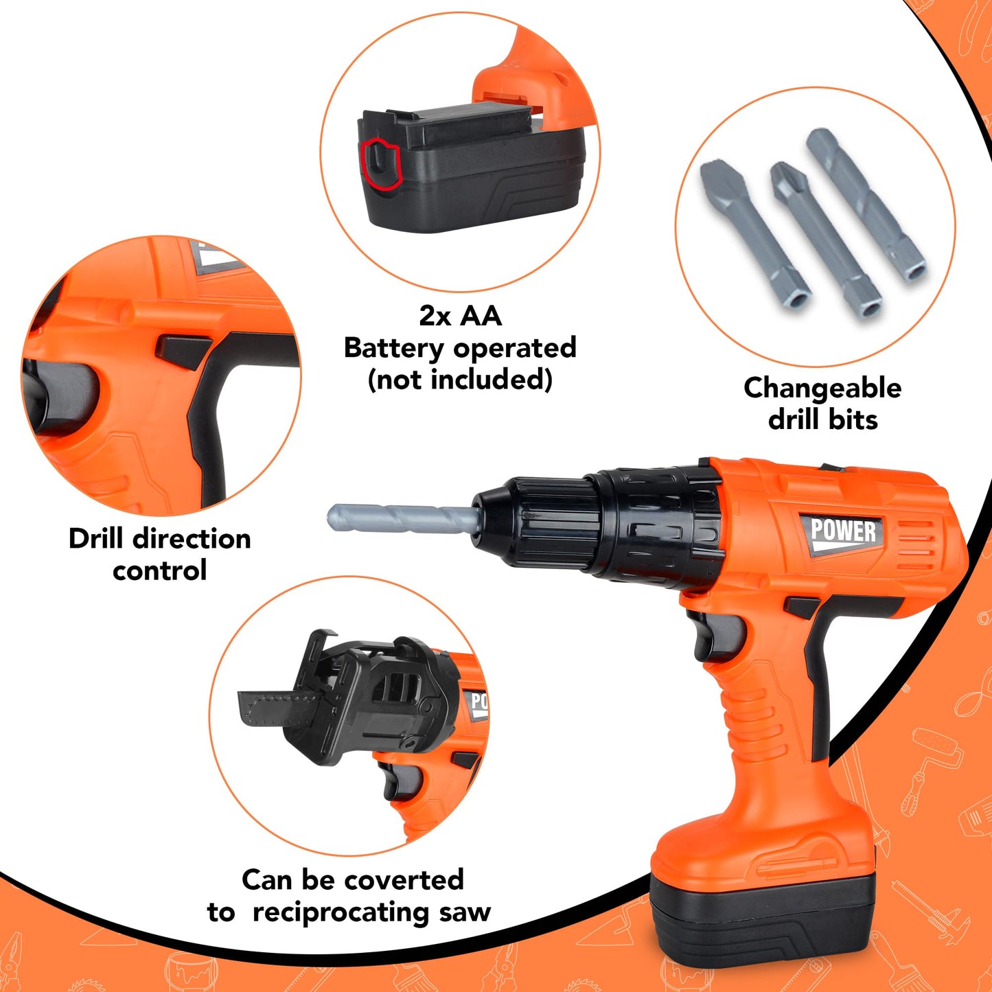ArtCreativity Power Drill Tool Set for Kids - Pretend Playset with 2-in-1 Toy Drill with Lights, Sounds, Motion - Includes Toy Hammer, Pliers, Bolts, Screwdriver and More - Sturdy Bag for Storage