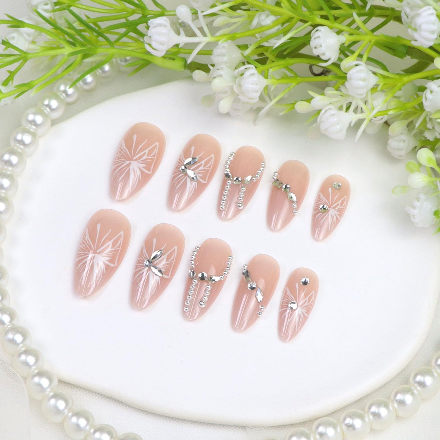 Almond Press on Nails Medium Fake Nails with Pearls Rhinestones Butterfly Designs Glossy Glue on Nails Press ons Pink Full Cover Artificial Stick on Nails for Women 24Pcs