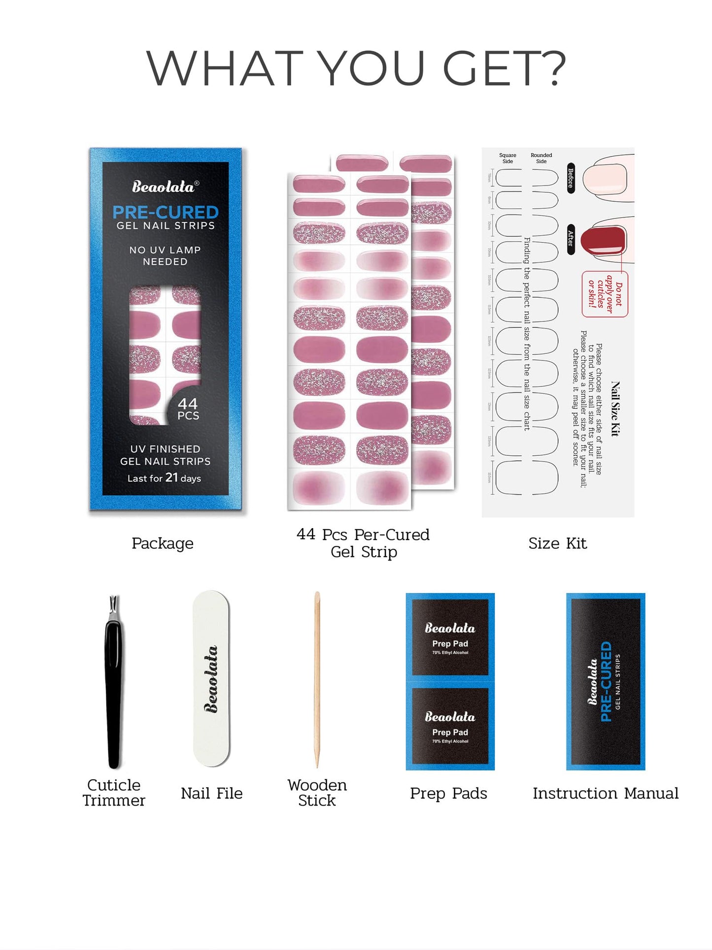 Beaolata Real Gel Nail Strips (No UV Light Needed) - 44Pcs Salon Quality Nail Stickers - Long Lasting Polish Wraps for Women, Easy Apply & Remove (Muted Pink)