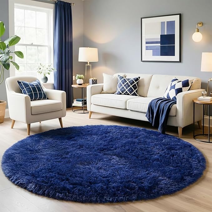 Navy Blue Round Rug 7Ft for Living Room Bedroom, Large Fluffy Fuzzy Circle Area Rugs for Teen Boys Baby Kids, Cute Shaggy Plush Floor Royal Dark Blue Carpet for Dorm Nursery Playroom Decor Aesthetic