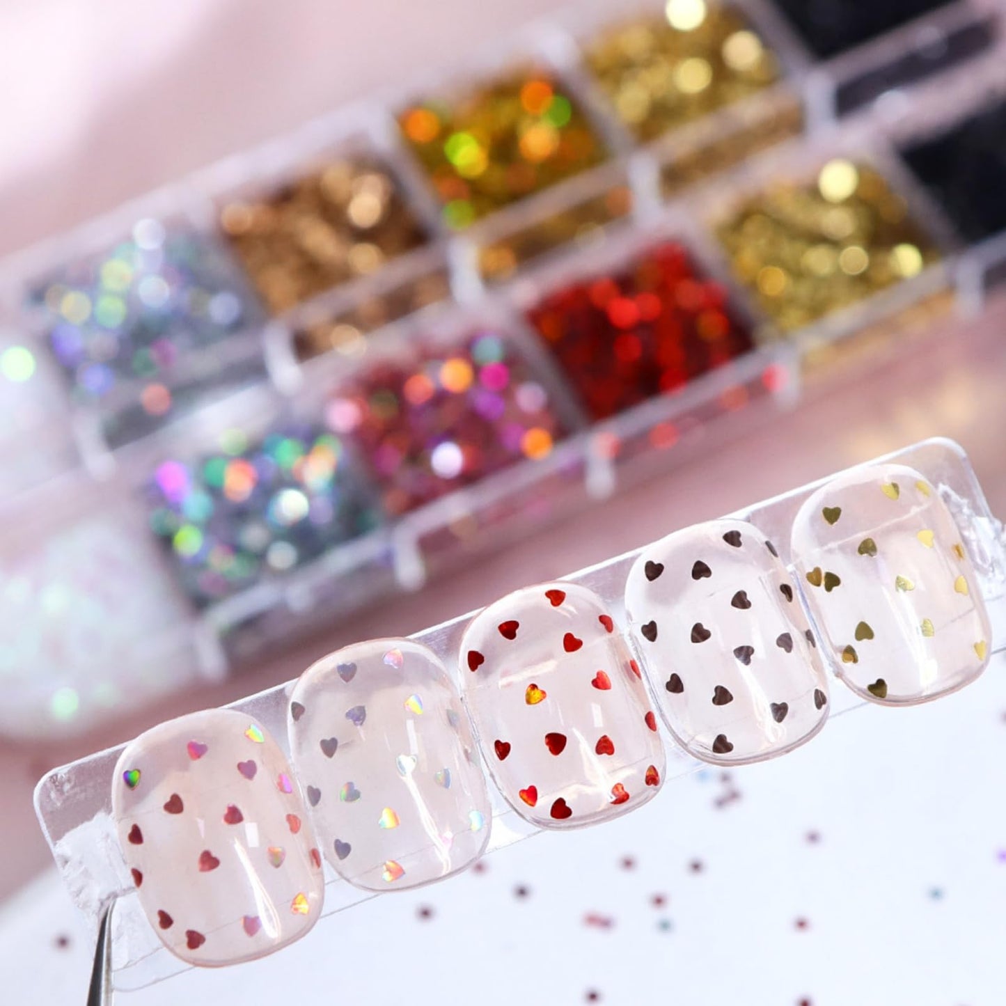 12 Boxes Valentines Laser Heart Nail Art Glitters Heart Star Nail Sequins Set, Valentines Romantic Love Nail Decor Accessories Mini 3D Love Nail Decals Holographic Glitters for Women Manicure