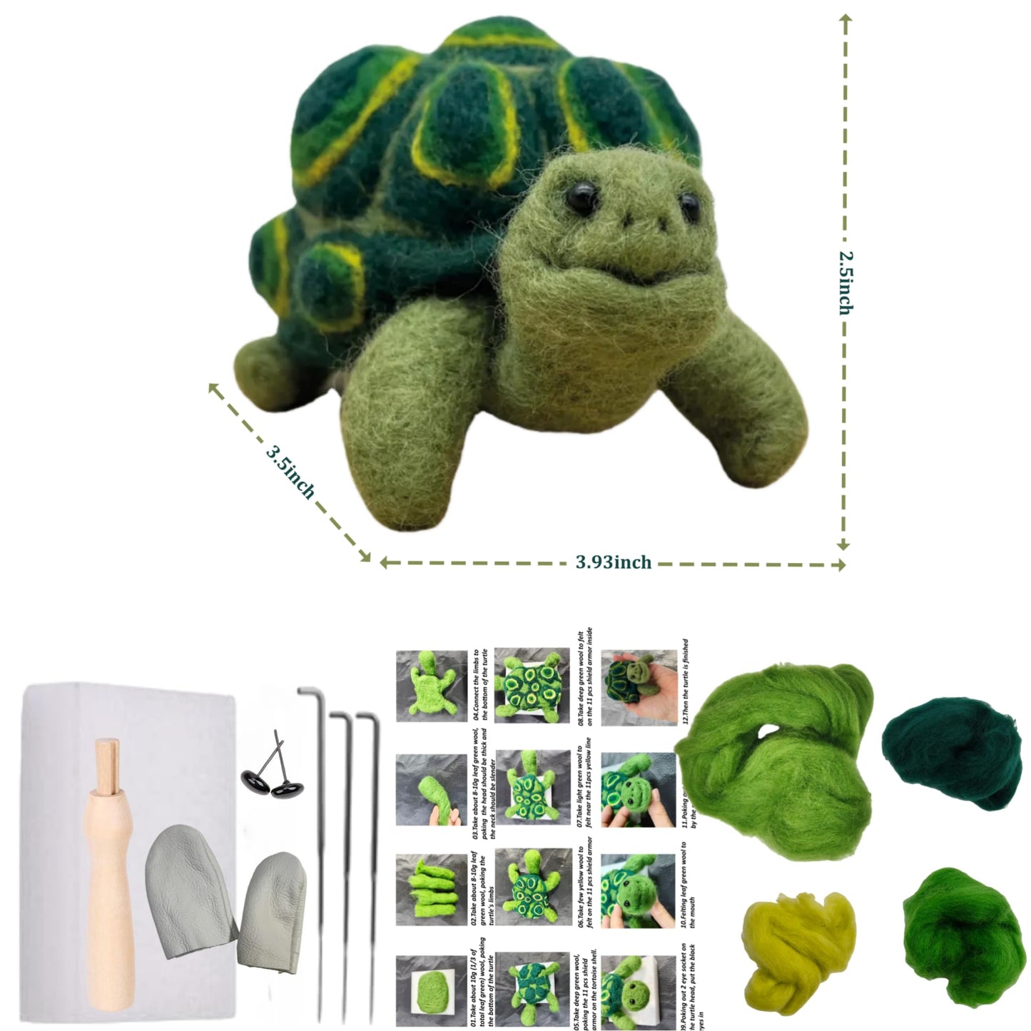 VEHICAR Tortoise Needle Felting Wool Kit, Starter Set to Make, DIY Needlework Craft Supplies for Beginners, Unfinished Wool Felt Craft Kit, Creative Crafting Turtle Doll