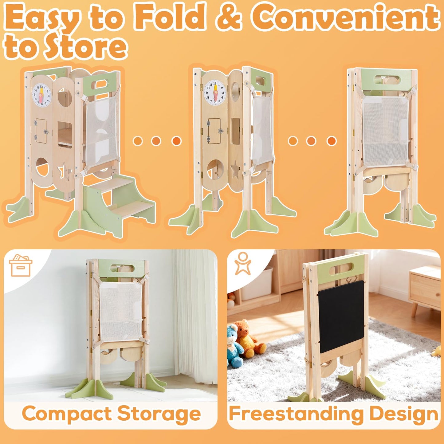 XYMERO 6 in 1 Toddler Tower with Removable Ladder, Foldable Wooden Kitchen Step Stool for Kids, Adjustable Children Helper Tower for Baby, Standing Tower with Safety Equipment and Black Board