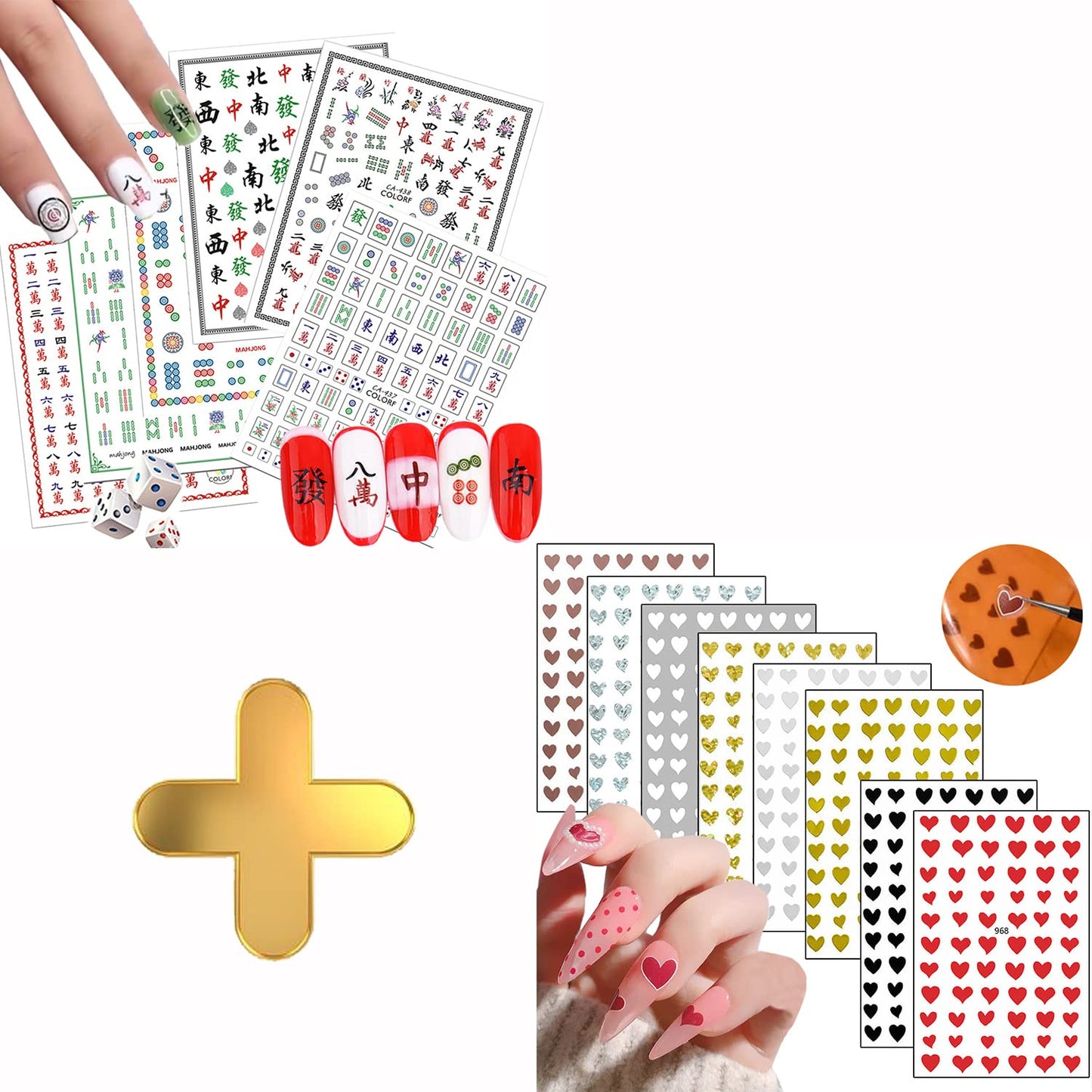 6 Sheets Mahjong Nail Art Stickers with 8 Sheets Heart Nail Art Stickers