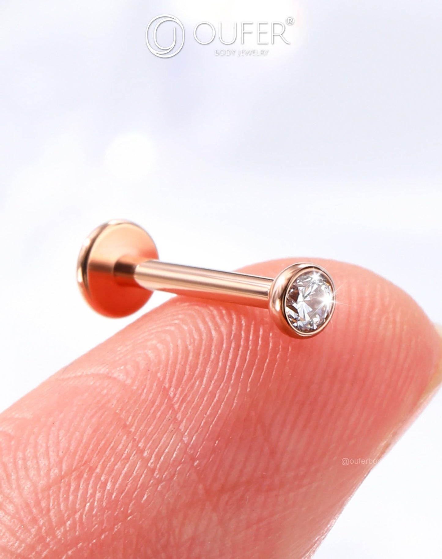 OUFER 2PCS Rose Gold Titanium Flat Back Threadless Stud Earrings, 16G/18G/20G Push Pin Piercing Jewelry – Multiple Post Lengths (5mm–12mm) & CZ Sizes (1.5mm–4mm) for Lobe, Helix, Tragus, Conch, Nose