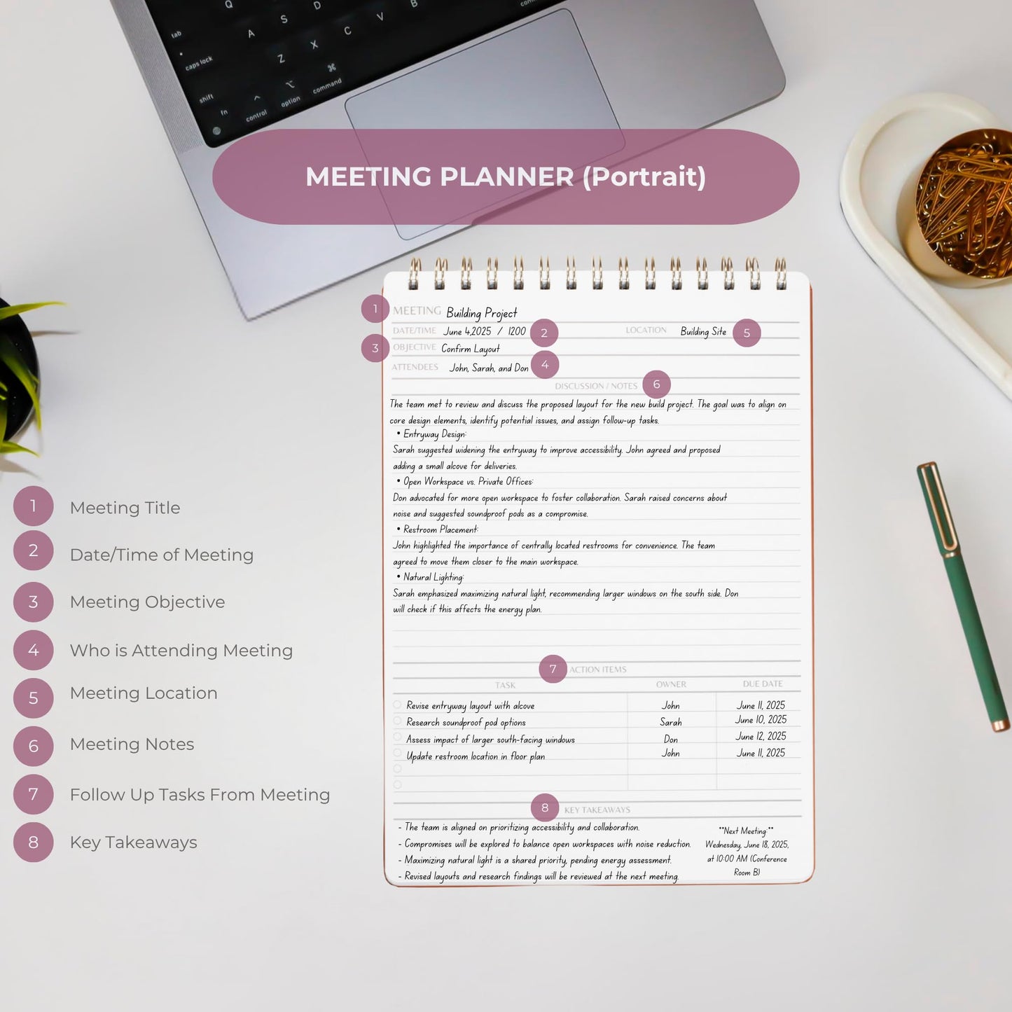 Merely Home | Meeting Notebook for Work | 8.25" x 11.75" | Project Planner | Simple Design | Multiple Layouts | Office and Business Planner (Pink, Meeting Planner - Portrait)