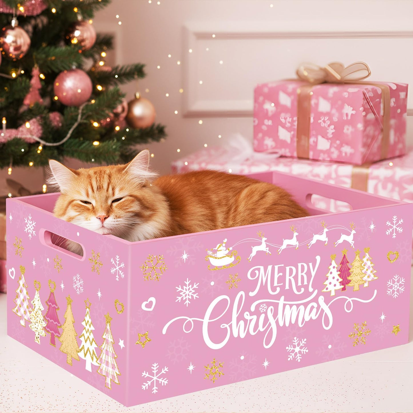 Soaoo Christmas Wooden Crate 11.4 x 8.3 x 5.4 Inch Merry Christmas Storage Box with Handles Decorative Rustic Farmhouse Wood Basket for Xmas Hot Cocoa Bar Candy Pet Table Decor(Pink)