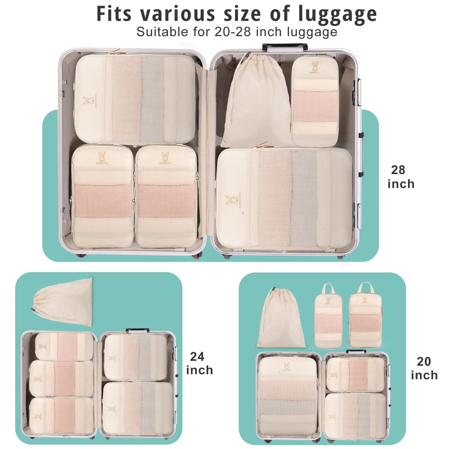 8 Set Compression Packing Cubes for Travel, Bunnychill Portable Zipper Packing Cube for Cloting, Expandable Space Saver Storage Luggage Organizer Bags for Suitcases(Beige)